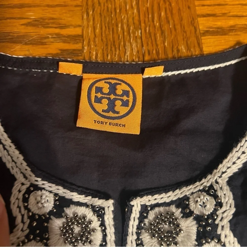 Tory Burch Semi-Sheer Embroidered Tunic Top in Navy Sz 2 Boho Chic Relaxed Fit